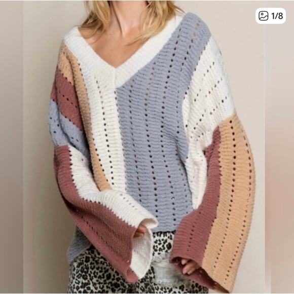 POL Oversized Open-Knit V-Neck Sweater Multi-Color Women’s Medium - Picture 3 of 8